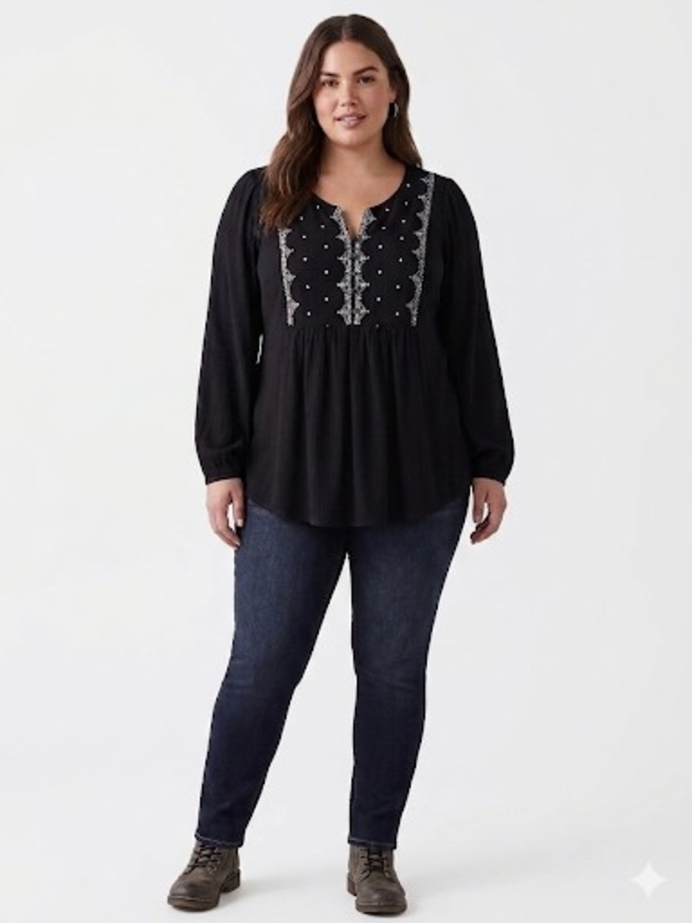 Torrid Black Embroidered Boho Peplum Blouse Long Sleeve Size 1